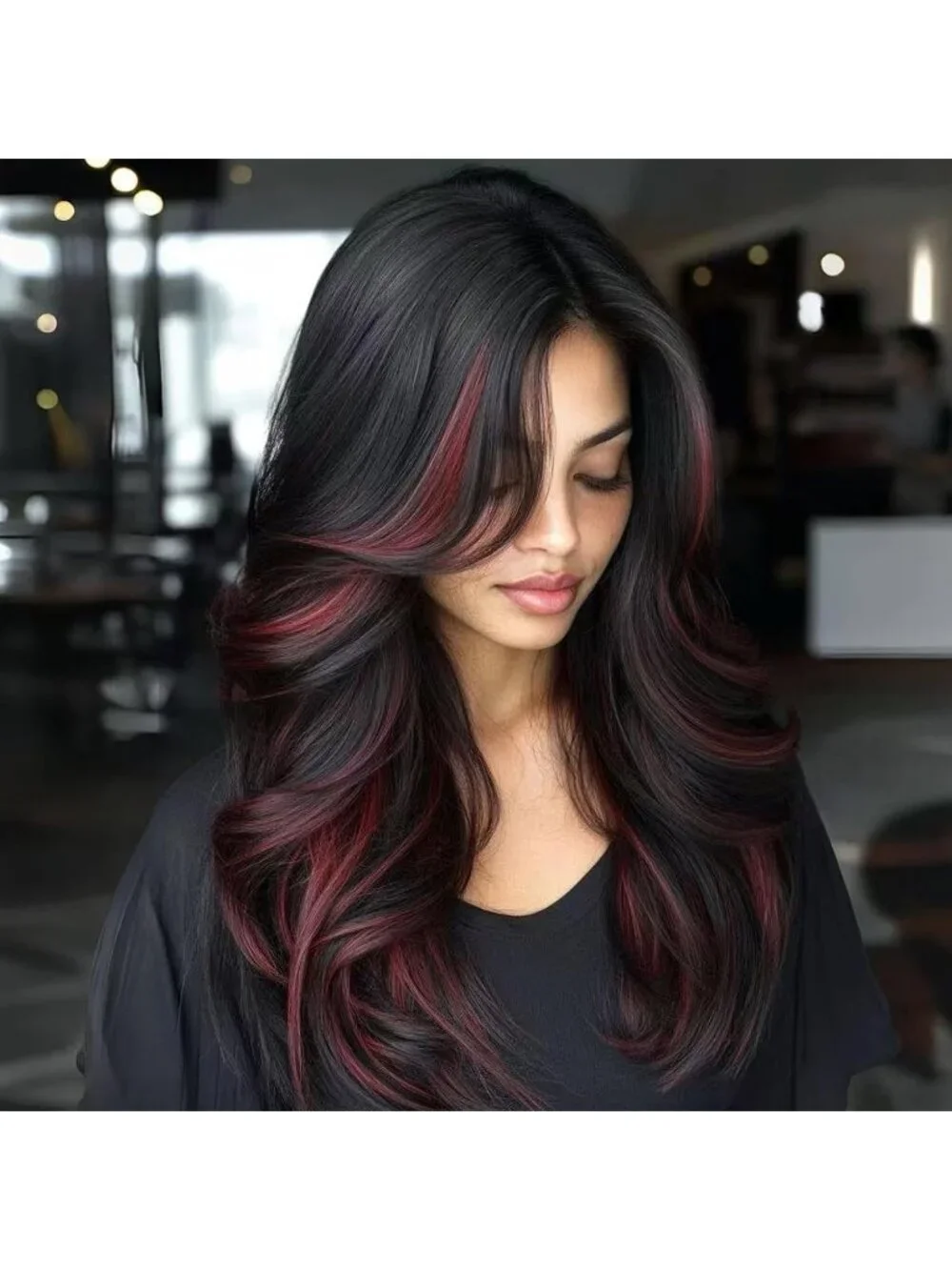 Women's Black Burgundy Long Blonde Wavy Synthetic Platinum Layered Classic Wigs